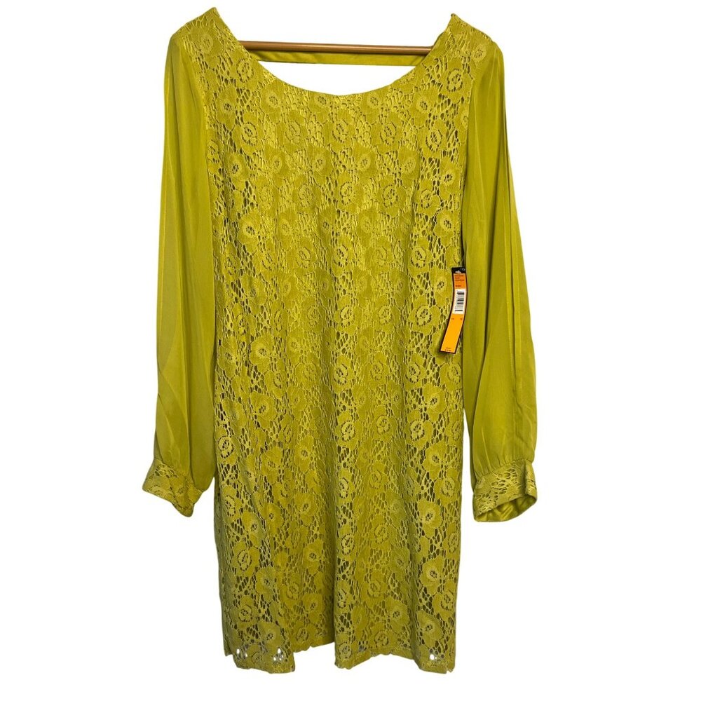 I Le New York18 Yellow/Green Floral Lace Shift Dress Sheer Open Top Sleeve NWT